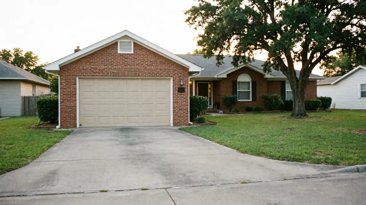 A brick house with a beige garage door and a large tree in the front yard.