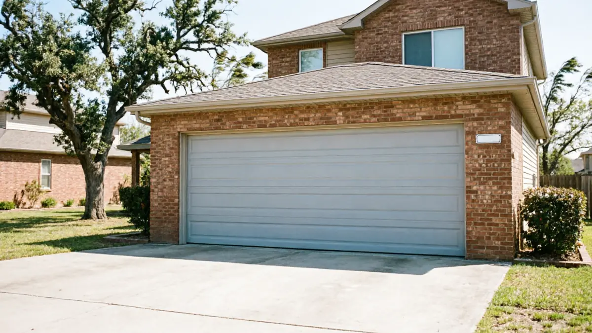 A light gray garage door is on a brick house with a driveway and green lawn.