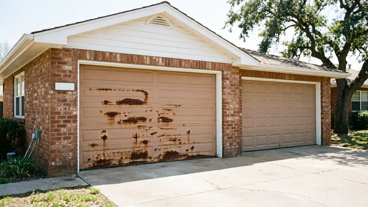 A house with two garage doors, one rusted and one clean.