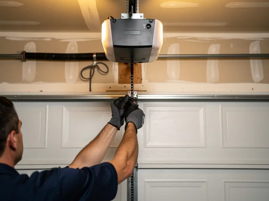 A technician adjusts the chain on a garage door opener above a white garage door.